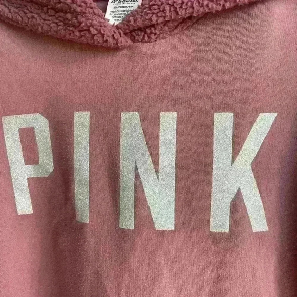 Victoria Secret Pink Glitter Logo Sherpa Lined Rose Pink Hoodie  S - Picture 5 of 7